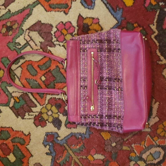 Burgundy leather and  tweed Charles David Handbag - Picture 2 of 5